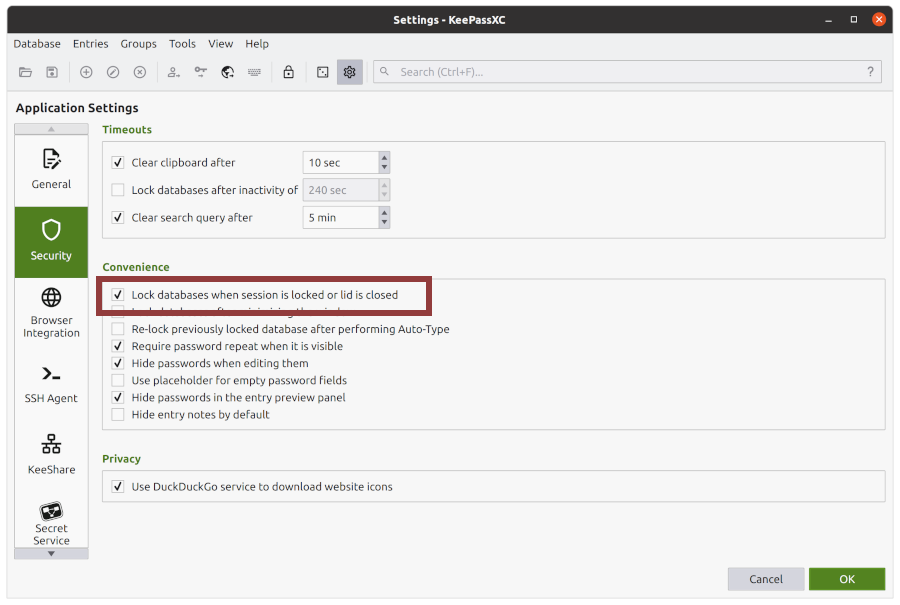 KeepassXC security settings